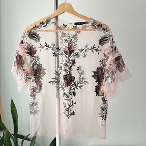 Zara Sheer Floral Embroidered Blouse - Pink and green S